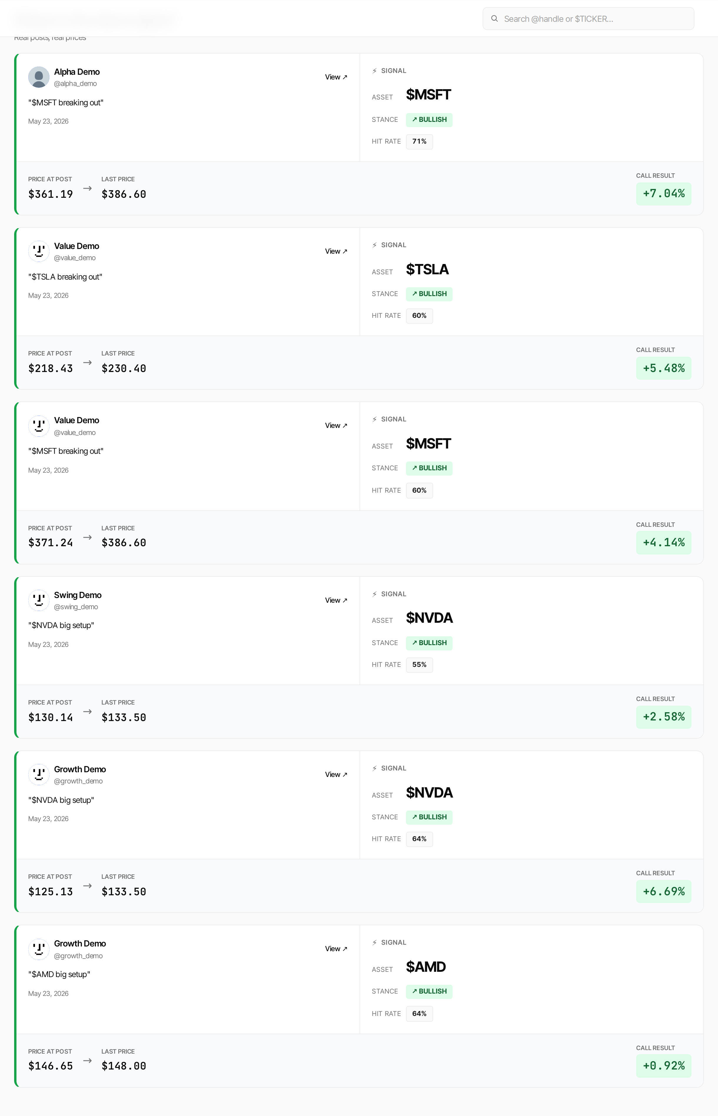 Call feed showing classified picks with sentiment pills